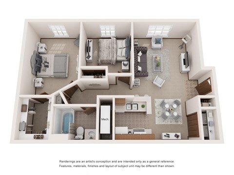 Floor plan for 2 beds, 1 bath, 844 sqft